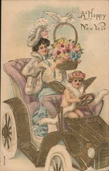 Happy New Year, Woman & Cherub in Car, Dove, Flowers Angels & Cherubs Postcard Postcard Postcard