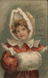 Little Girl in Red Coat and White Fur Hood, Muff, Christmas Children Postcard Postcard Postcard