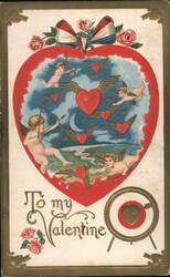 Cupids with bows and arrows, hearts, moon, Valentine's Day Postcard