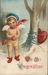 Cupid with Heart Tied to Tree, To My Valentine Postcard