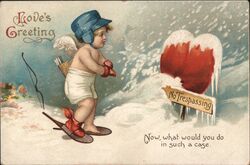 Love's Greeting, Cupid in Snow with No Trespassing Sign Ellen Clapsaddle Postcard Postcard Postcard