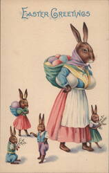 Easter Greetings - Mother Rabbit with Four Children Carrying Easter Eggs Postcard