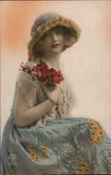 Woman in Blue Dress and Hat with Roses Women Postcard Postcard Postcard