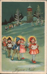 Children Carolers, Church in Snow, Joyeux Noël Postcard