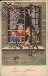 Three Children Feeding Birds at a Window, Bonne Année Postcard