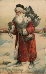 Santa Claus with Bells and Holly, Merry Christmas Postcard