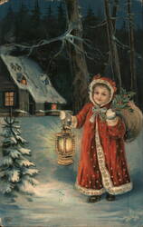 Little Girl in Red Robe with Lantern and Holly Postcard