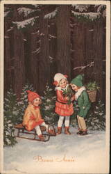 Three Children with Sled in Snowy Woods, Bonne Année Postcard