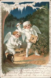 Two Christmas Angels Building a Toy Postcard