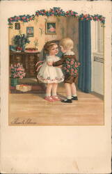 Boy Giving Girl Roses, Embossed, Postcard, Lonli Ebner Postcard