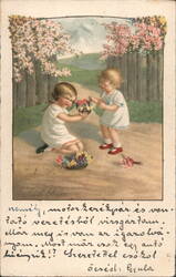 Two Children Exchanging Flowers Postcard