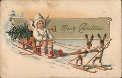 Merry Christmas Angel Child on Sled Pulled by Rabbits on Skis Postcard