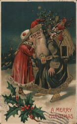 Little Girl Whispers to Santa Claus - Antique Christmas Postcard Postcard