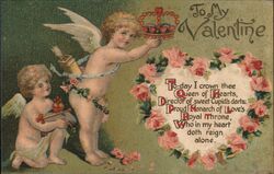 To My Valentine, Two Cupids with Crown & Heart of Roses Postcard