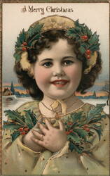 A Merry Christmas - Young Girl with Holly Sprigs Postcard