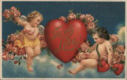 To My Love - Cherubs with Roses & Hearts Valentine Postcard Postcard