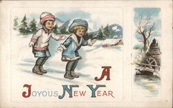 A Joyous New Year, Children Ice Skating Postcard