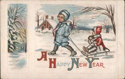 Boy Pulling Girl on Sled, Happy New Year Postcard