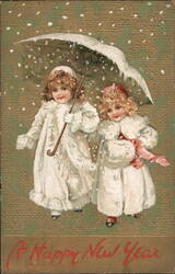 Two Girls with Umbrella in Snow, Happy New Year Children Postcard Postcard Postcard