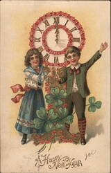 Happy New Year Children with Clock and Shamrocks Postcard