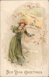 New Year Greetings, Girl with Mistletoe & Snowball Children Postcard Postcard Postcard