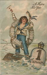 Happy New Year Sailor Boy on Raft with Large Number 1 Postcard