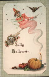 A Jolly Halloween, Witch Flying on Broom, Pumpkin, Apple, Nuts, Owl Postcard Postcard Postcard