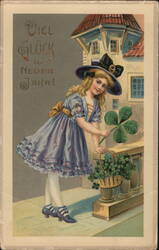 Happy New Year Girl with Four Leaf Clover Postcard