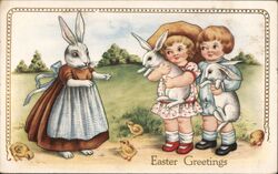 Easter Greetings, Children with Bunnies, Rabbit in Dress Postcard