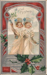 A Glad Christmas - Twin Girls with Holly Sprig Children Postcard Postcard Postcard