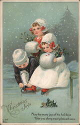 Three Children Ice Skating, Christmas Joys Postcard