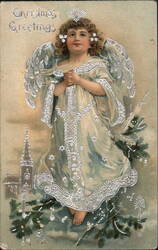 Christmas Greetings Angel with Silver Foil Decorations Postcard