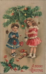 Antique Christmas Postcard, Children Decorating Tree Postcard