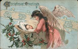 Christmas Angel Holding Baby in Basket with Holly Postcard