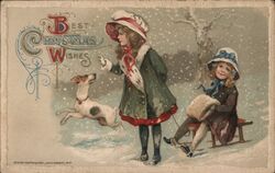 Best Christmas Wishes, Two Girls, Dog, Sled, Snow Postcard