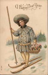 Happy New Year Girl on Skis Postcard