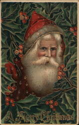 Santa Claus Face in Holly Leaves, Merry Christmas Postcard Postcard Postcard