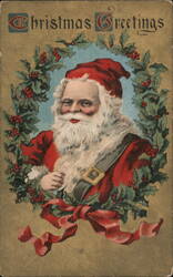 Santa Claus in Holly Wreath, Christmas Greetings Postcard Postcard Postcard