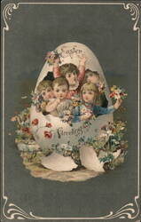 Easter Greetings Children in Giant Egg with Flowers With Children Postcard Postcard Postcard