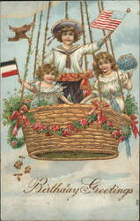 Birthday Greetings, Children in Hot Air Balloon Basket Postcard Postcard Postcard