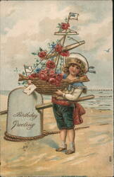 Boy with Rose-Covered Toy Sailboat, Birthday Greeting Postcard