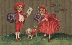 Boy & Girl with Dog and Violets, Best Wishes Postcard