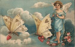 Valentine Cupid Angel with Butterfly Heart Chariot Postcard