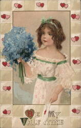 Young Girl with Blue Flowers, Be My Valentine Postcard