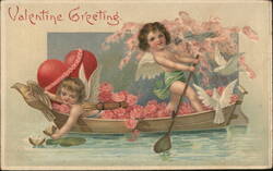 Two Cupids in Boat with Roses, Doves & Heart Valentine Greeting Postcard