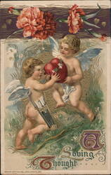 Two Cherubs with Bow and Arrow, Holding a Heart, "A Loving Thought" Postcard