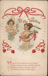 To My Valentine, Cherubic Cupid with Mandolin Postcard