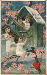 Toone I Love, Three Cherubs Making Music in Birdhouse Postcard