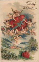 To My Valentine, Four Cherubs with Two Hearts Postcard