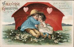 Valentine Greeting, Boy and Girl Under Umbrella Postcard